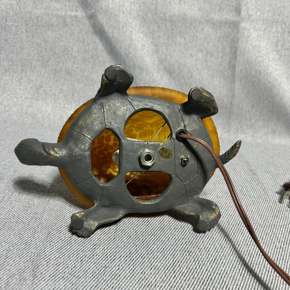 Vintage Turtle Accent Lamp Amber Glass Shell Bronze Metal Base 8.5in